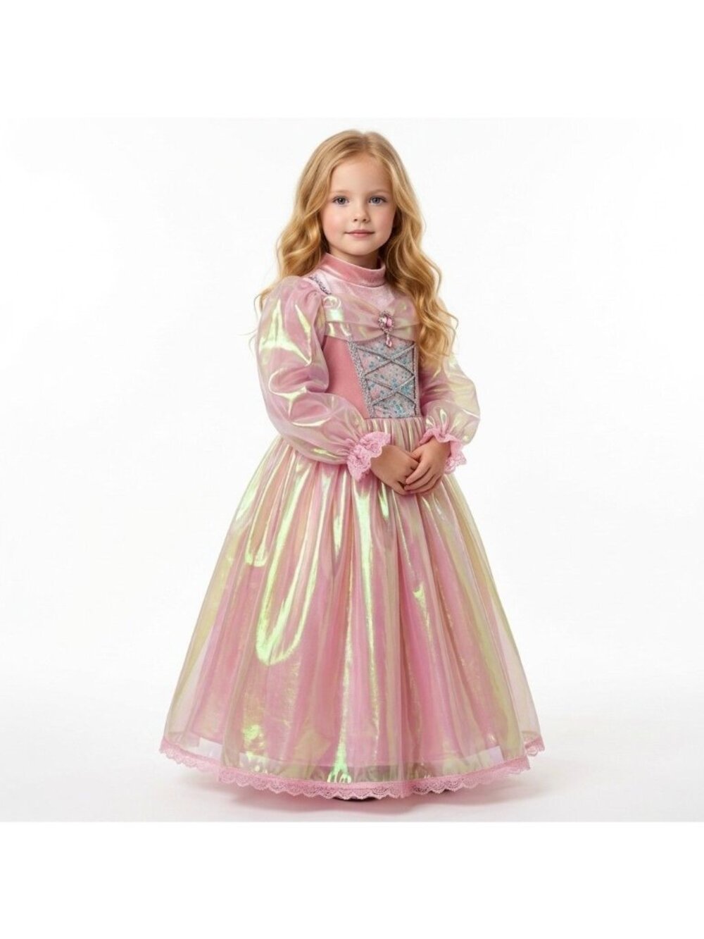Girls Pink Princess Dress Sparkly Long Sleeve Costume Gown